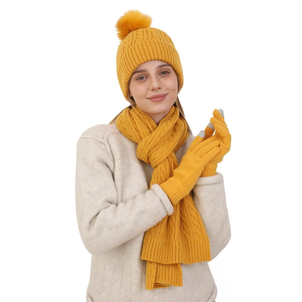 3124 Winter Beanie Hat Scarf Gloves Set Beanie with Pom Long Scarf Warm